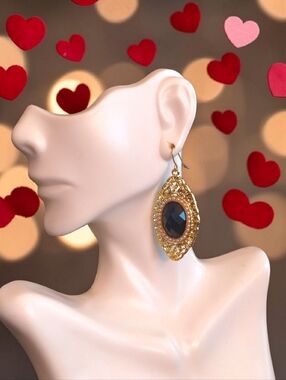 Gold-tone Filigree Drop Earrings with Black Stone